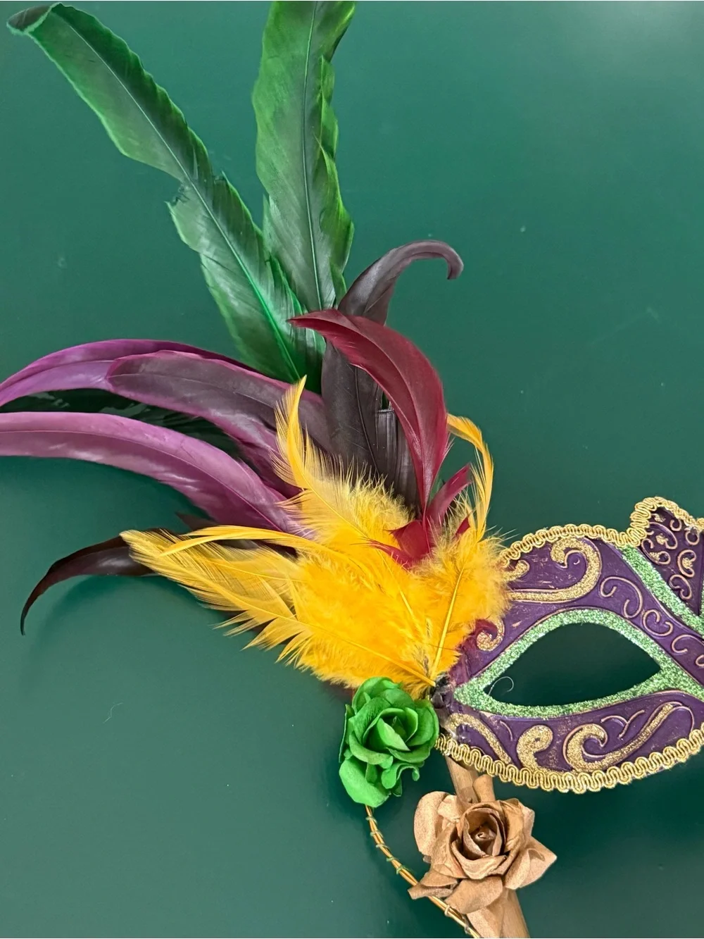 Venetian Side Feather Masquerade Mask with Stick - Gold Green Purple